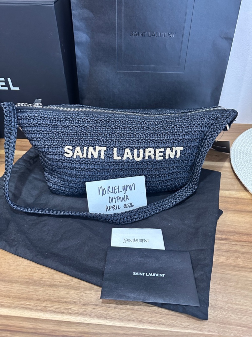 Saint Laurent Black Raffia Shoulder Bag with Contrast Cream Logo - Picture 12 of 16